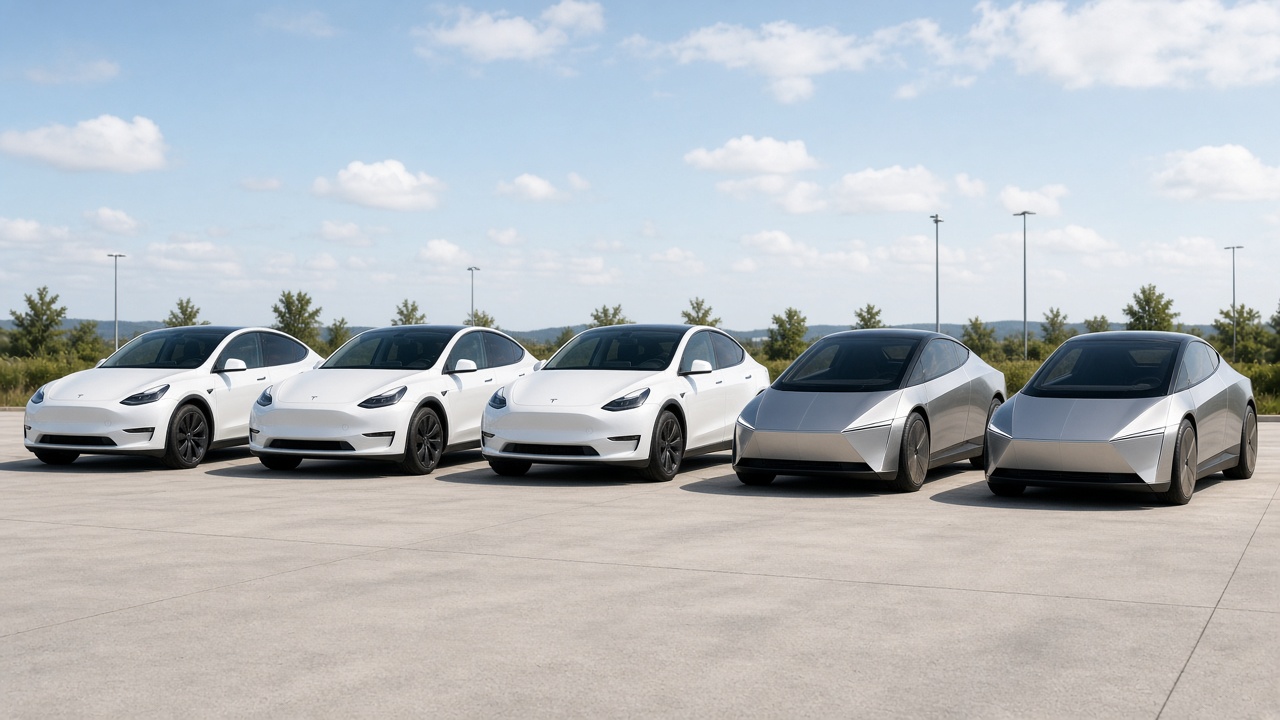 Three Model Y and two Cybercab lined up