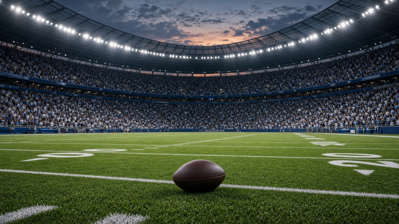 NFL stadium at night with football on field